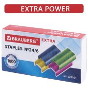 Скобы BRAUBERG №24/6 цветные 1000шт.EXTRA, до 30 листов, 229301